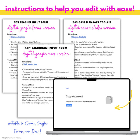 Directions for editing the 504 templates in Google Forms, Google Docs and Canva