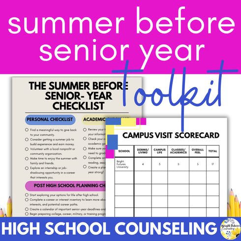 Summer before senior year toolkit cover with senior year checklist and campus visit scorecard