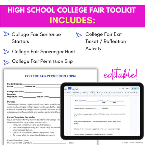 College fair toolkit includes sentence starters, scavenger hunt, permission slip and exit ticket