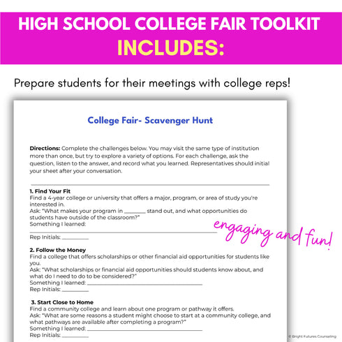 College fair scavenger hunt worksheet with questions to ask college representatives