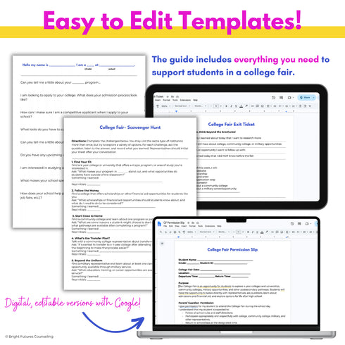 Editable Google Docs college fair templates shown on a laptop and tablet