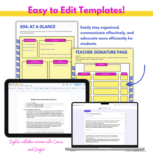 Editable 504 templates in Canva and Google with teacher signature page