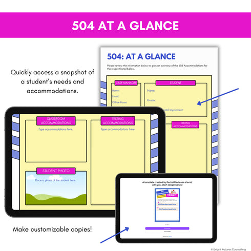 504 at a glance template with classroom and testing accommodations