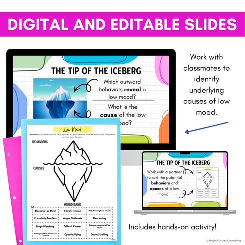 Tip of the Iceberg partner sort worksheet on low mood behaviors and causes