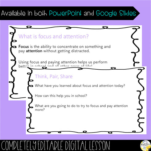 Focus and Attention SEL Classroom Guidance Lesson with Editable Digital Version