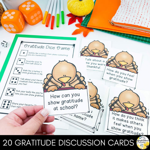 Gratitude Discussion Cards and Dice Game Thanksgiving Themed Gratitude Activity