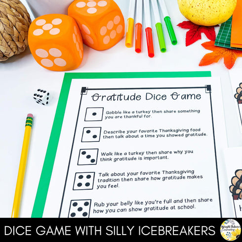 Gratitude Discussion Cards and Dice Game Thanksgiving Themed Gratitude Activity