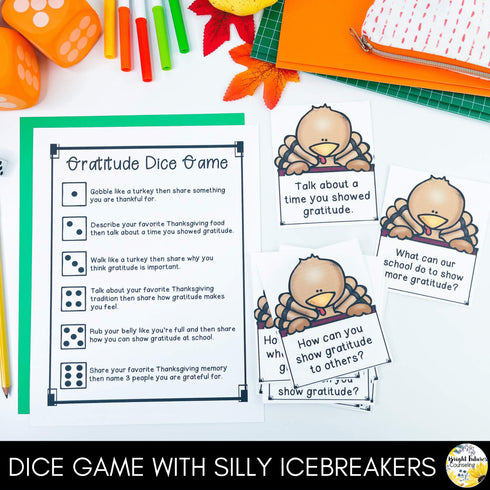 Gratitude Discussion Cards and Dice Game Thanksgiving Themed Gratitude Activity