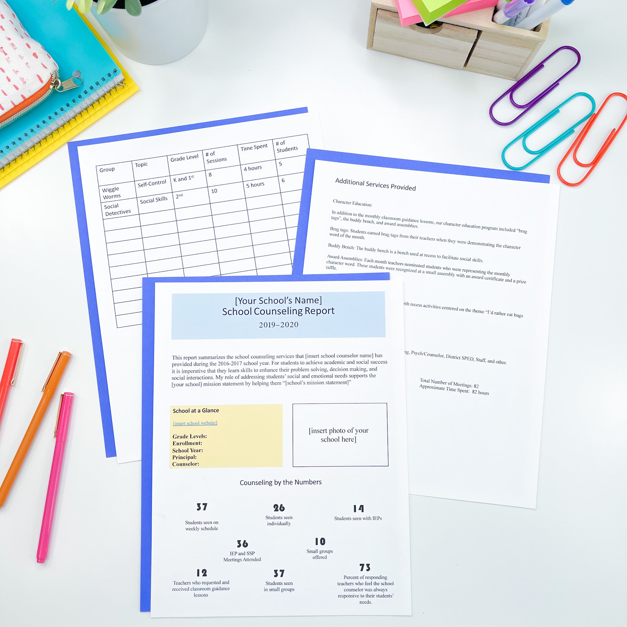 An IMPACT end-of-year school counseling report with program data, services, and student reach