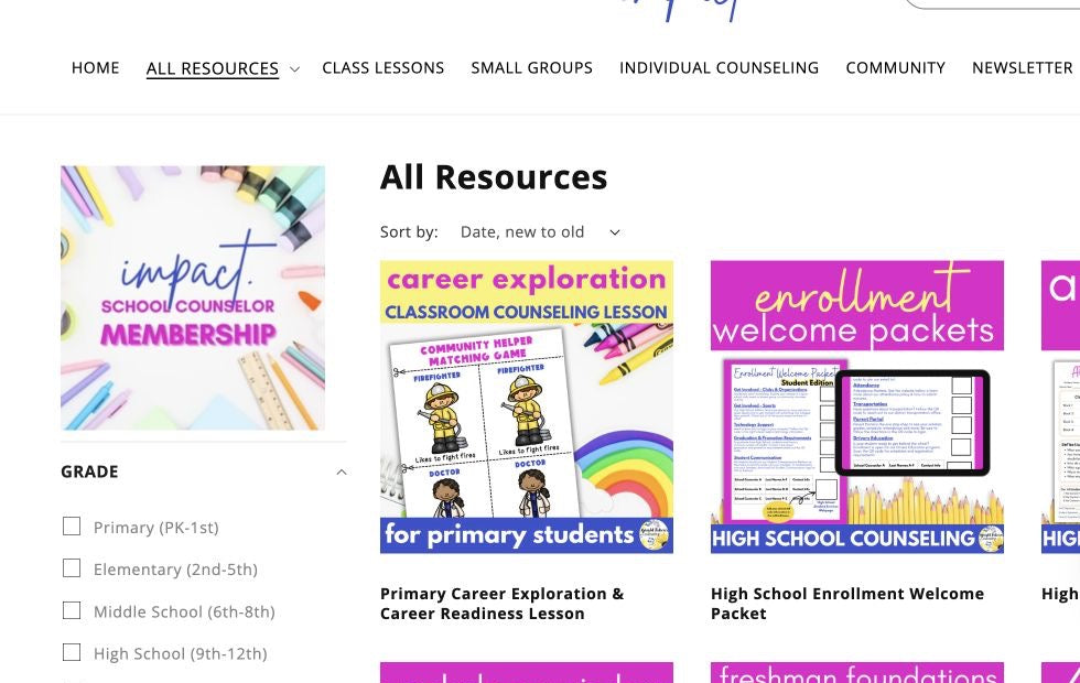 The IMPACT curriculum platform with grade and topic filters